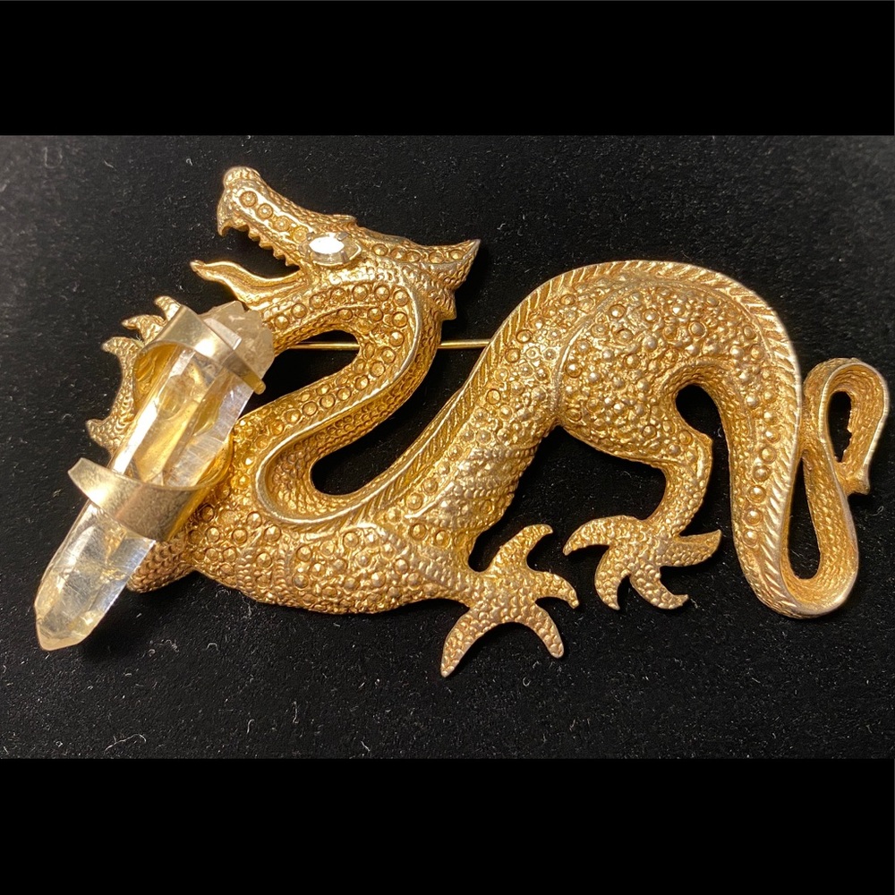 Vintage Gold Metal Dragon with Crystal Brooch